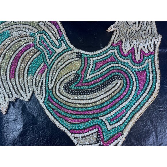 Huge Handmade Beaded Rooster Chicken Sequins 23" Tall Applique  Sparkle Colorful - Picture 6 of 9